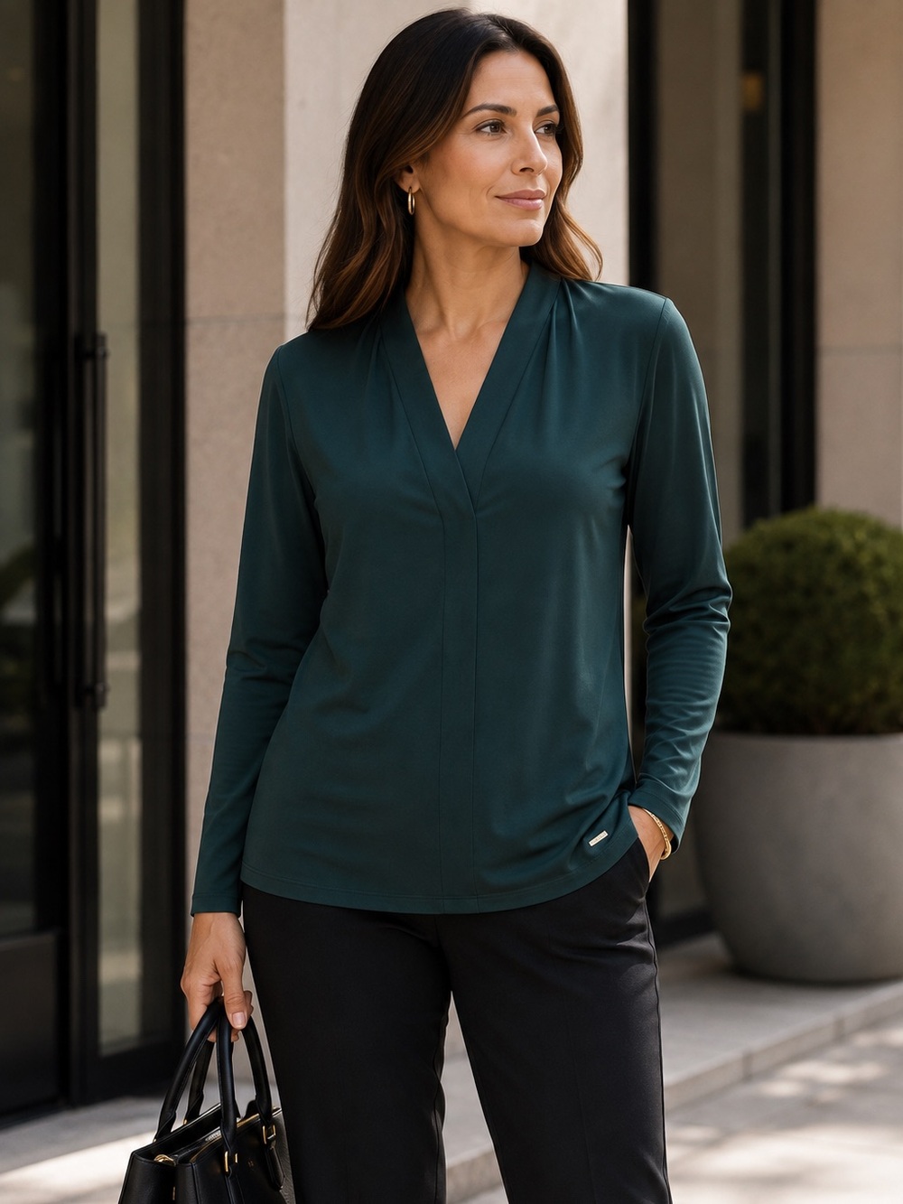 Calvin Klein XL Deep Green Draped Surplice Long Sleeve Blouse Top